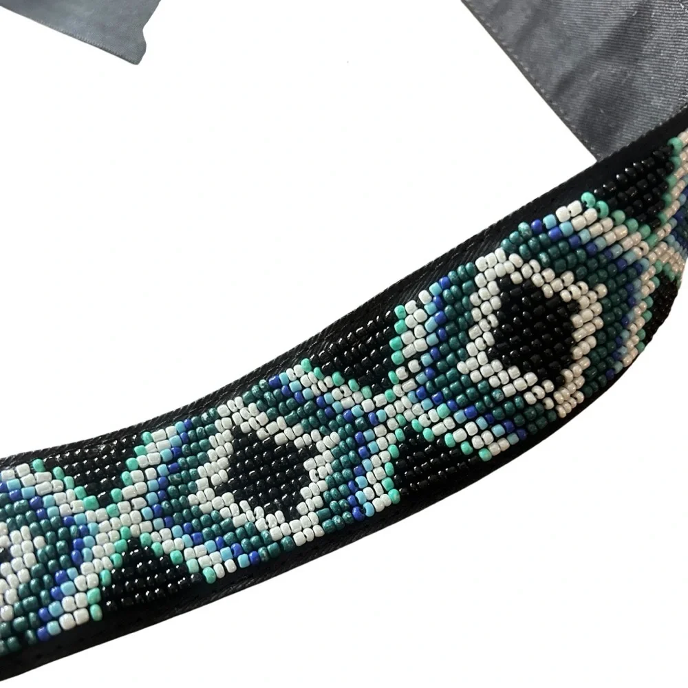 WHBM - Tribal/Chevron-White/Black/Blue Solid Seed-Beadwork Belt EUC
